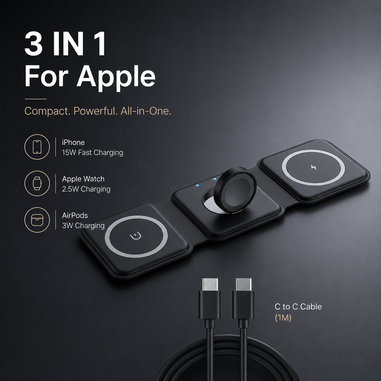 3-in-1 Magnetic Wireless Charging Station for iPhone, Apple Watch & AirPods | Foldable Fast Charging Dock