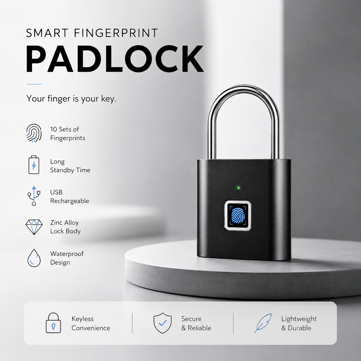 Smart Fingerprint Padlock USB Rechargeable Keyless Waterproof Door Lock