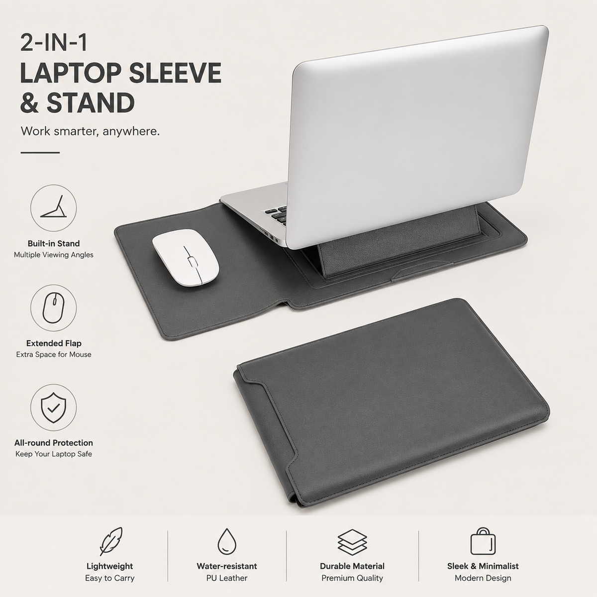 3-in-1 PU Leather Laptop Sleeve Case with Adjustable Stand & Mouse Pad for 13–16 Inch Laptops