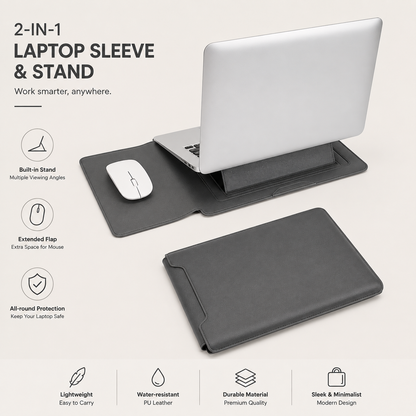 3-in-1 PU Leather Laptop Sleeve Case with Adjustable Stand & Mouse Pad for 13–16 Inch Laptops