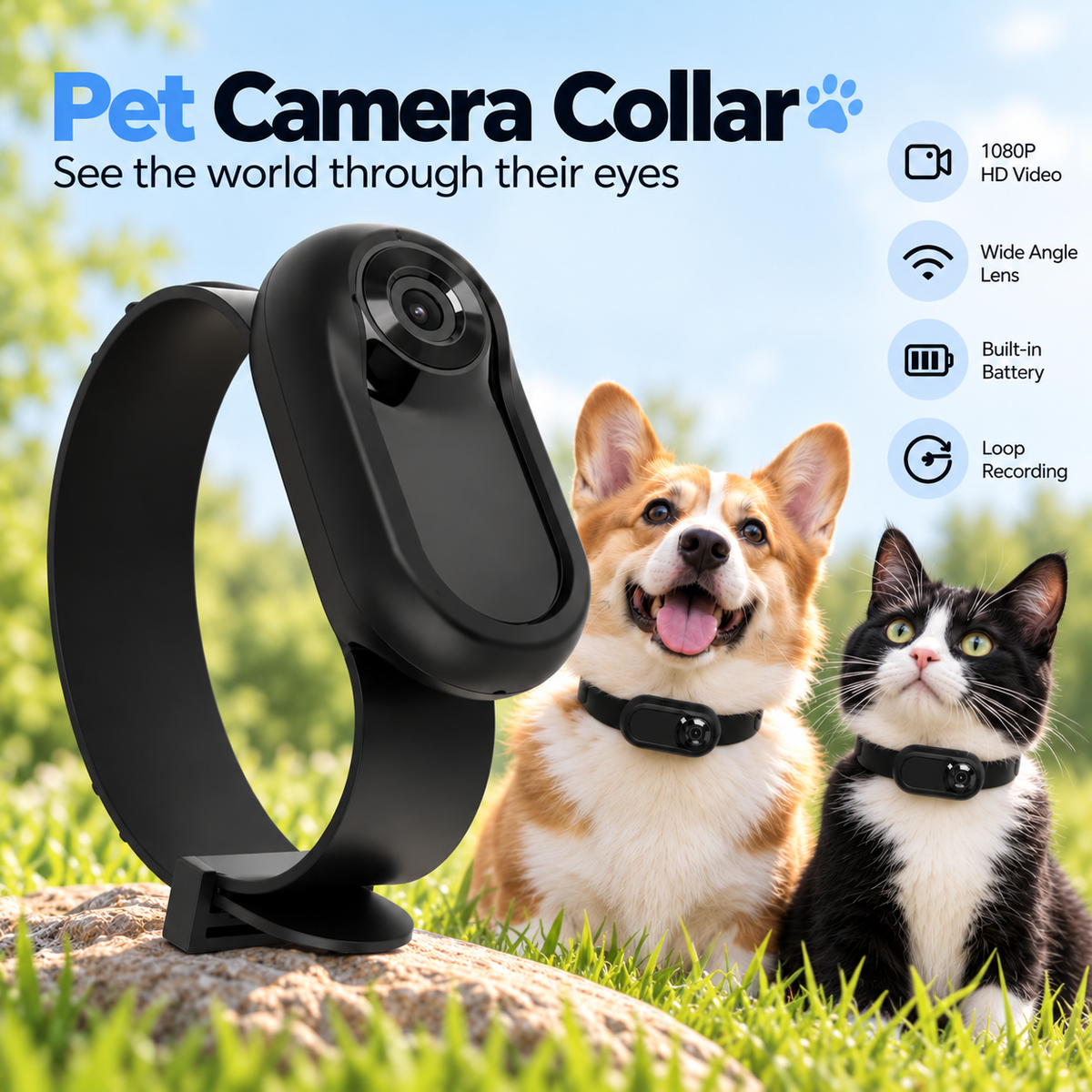 1080P Full HD Pet Camera Collar with Memory Card – Mini Action Camera for Cats & Dogs