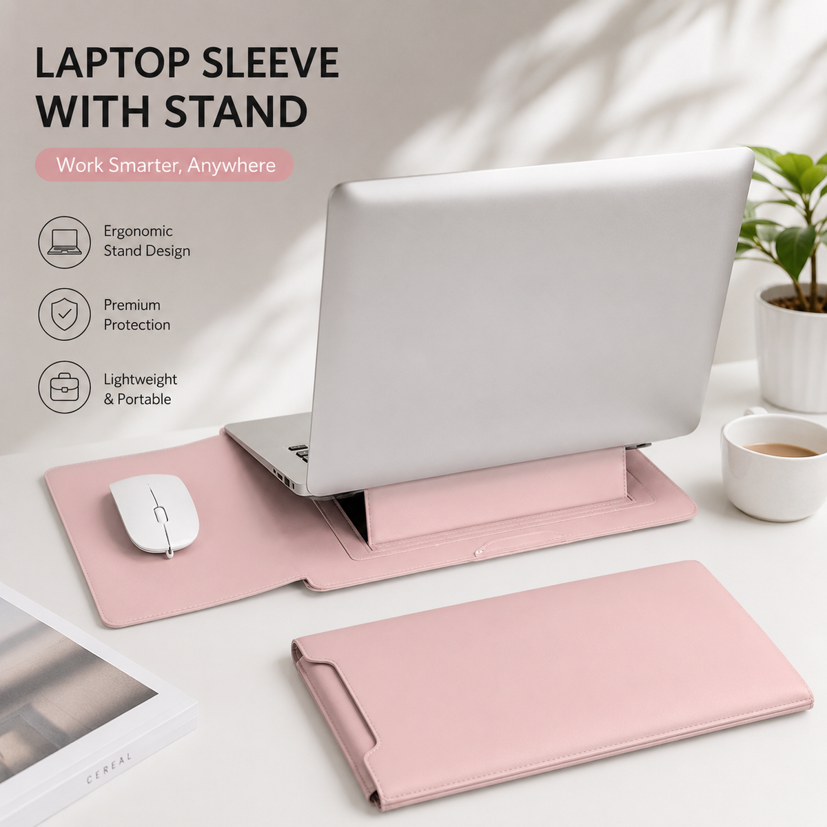 3-in-1 PU Leather Laptop Sleeve Case with Adjustable Stand & Mouse Pad for 13–16 Inch Laptops