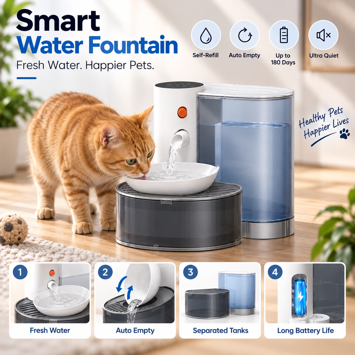 Smart Pet Water Fountain – Automatic Self-Refill & Emptying, Filter-Free Drinking Dispenser for Cats & Dogs