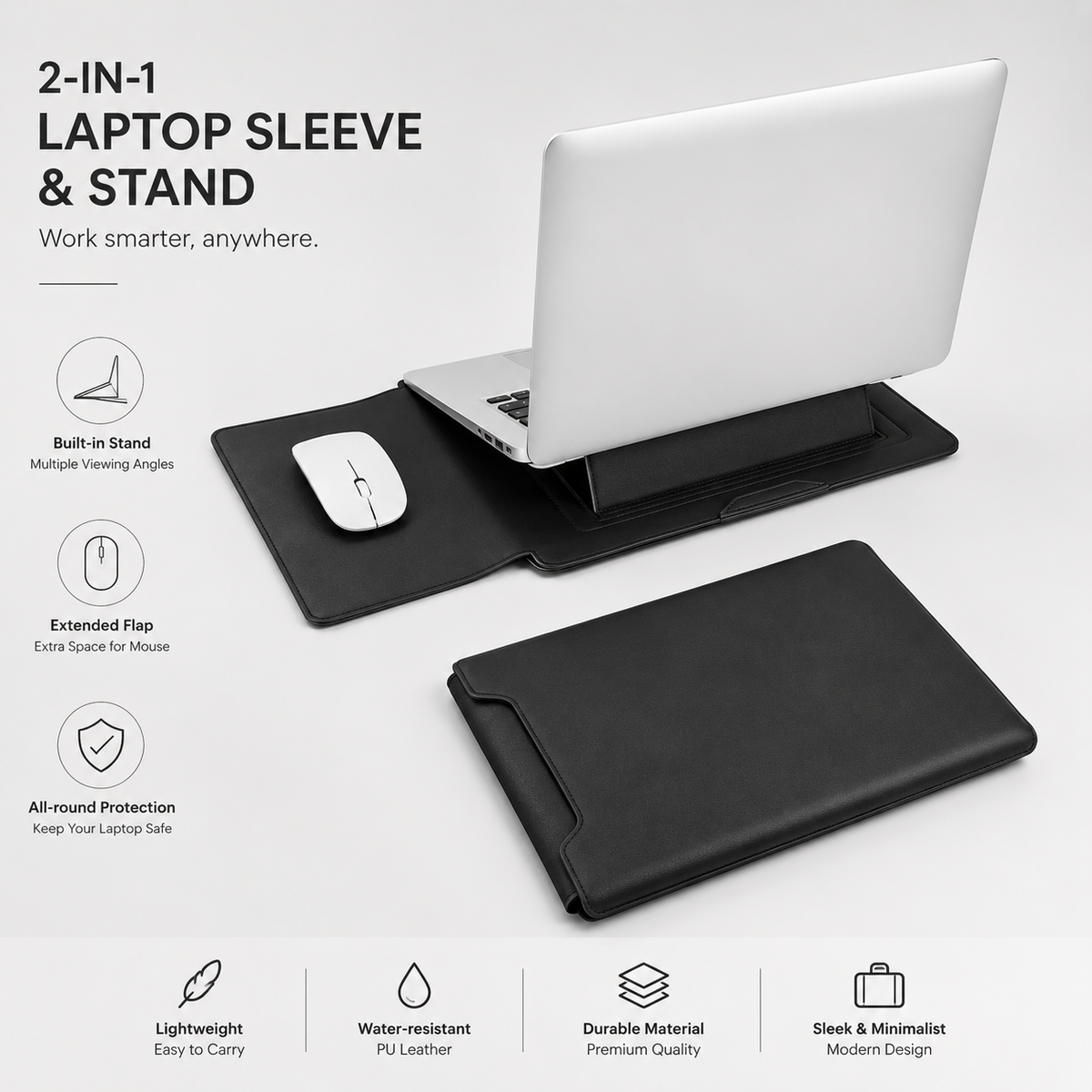 3-in-1 PU Leather Laptop Sleeve Case with Adjustable Stand & Mouse Pad for 13–16 Inch Laptops