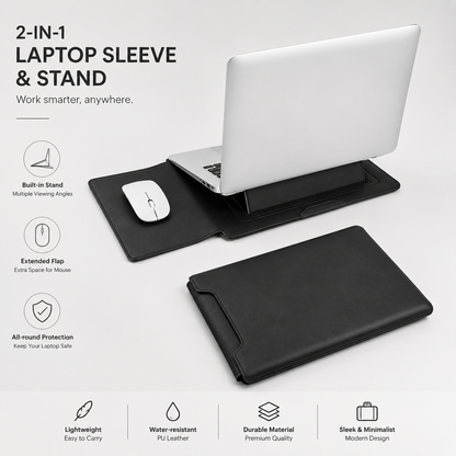 3-in-1 PU Leather Laptop Sleeve Case with Adjustable Stand & Mouse Pad for 13–16 Inch Laptops