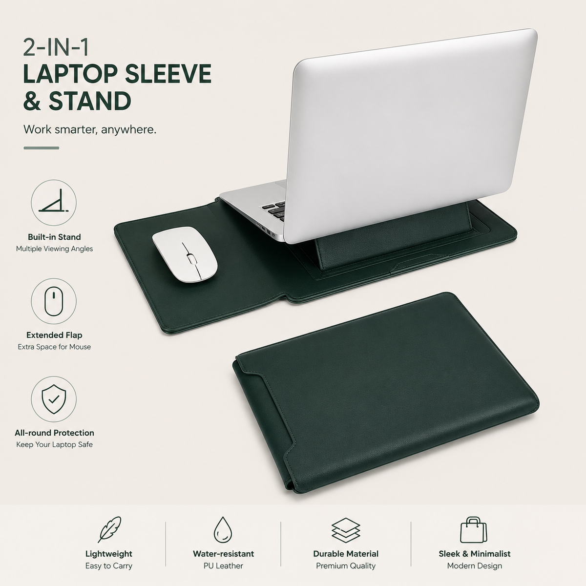 3-in-1 PU Leather Laptop Sleeve Case with Adjustable Stand & Mouse Pad for 13–16 Inch Laptops