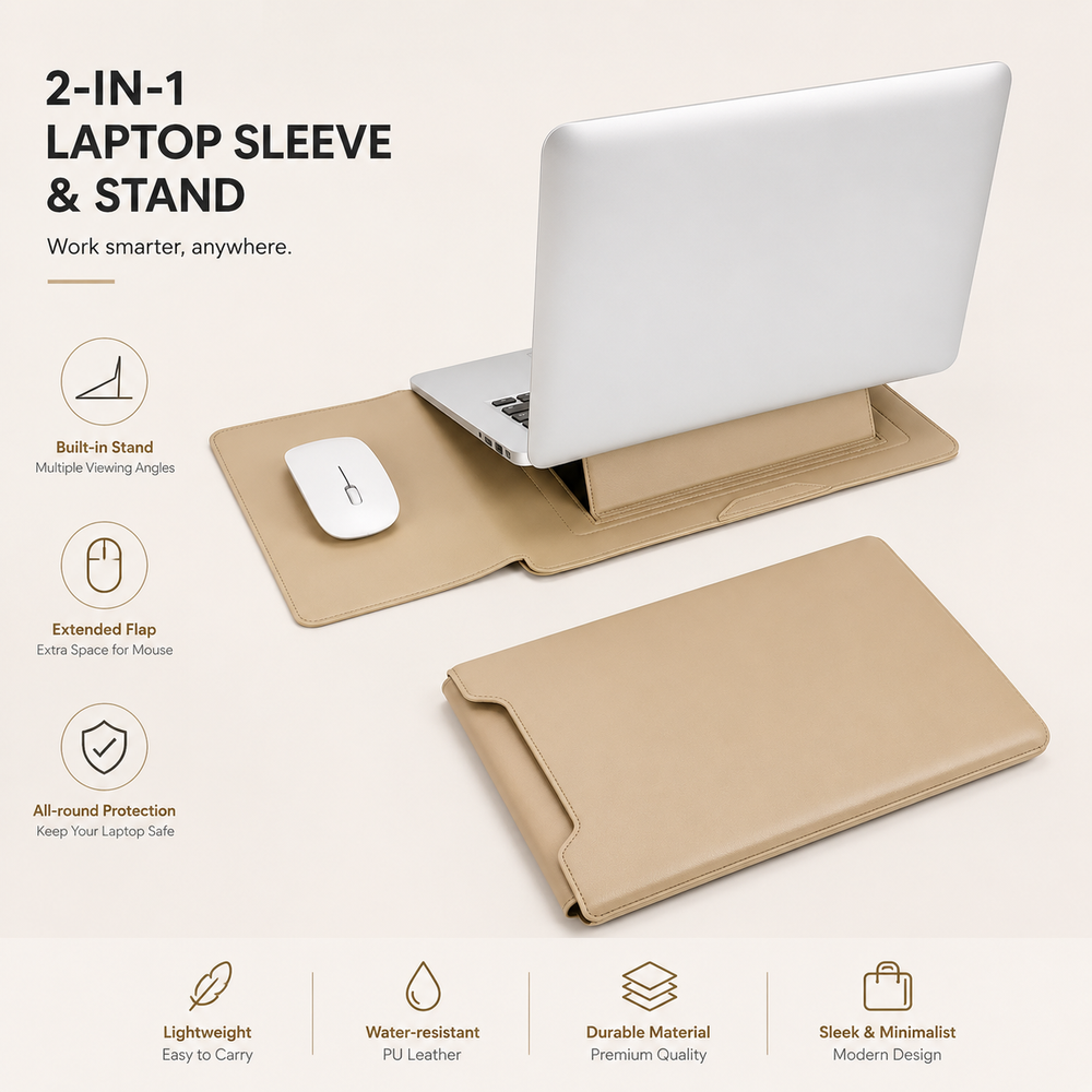 3-in-1 PU Leather Laptop Sleeve Case with Adjustable Stand & Mouse Pad for 13–16 Inch Laptops