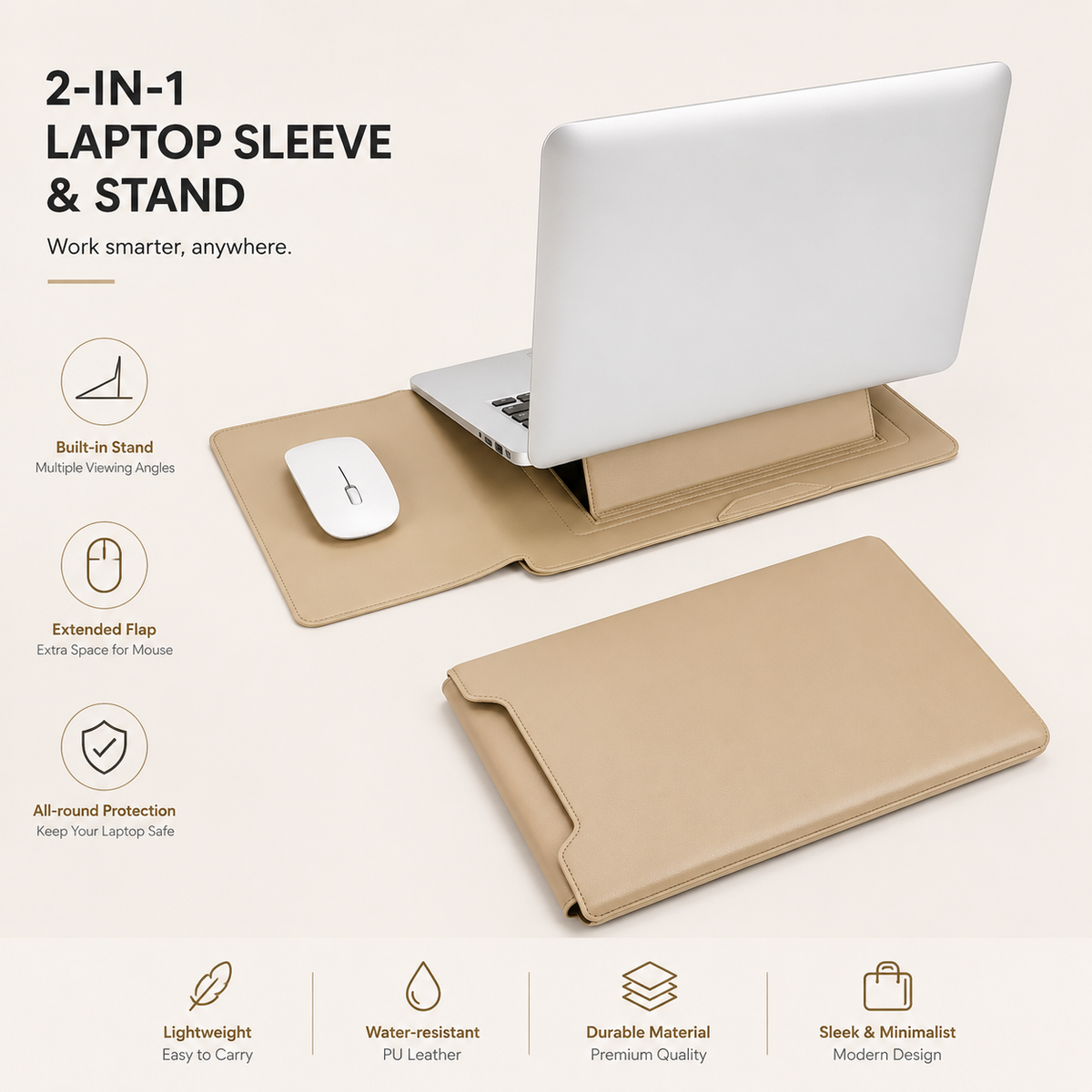 3-in-1 PU Leather Laptop Sleeve Case with Adjustable Stand & Mouse Pad for 13–16 Inch Laptops