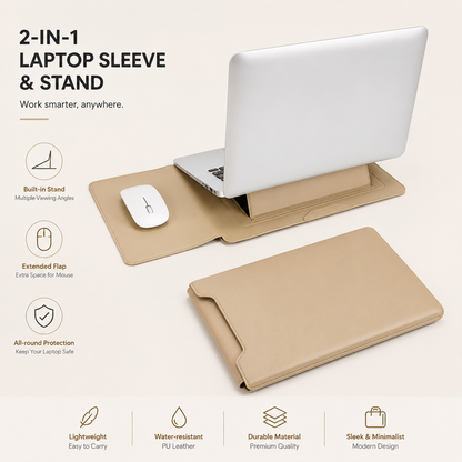 3-in-1 PU Leather Laptop Sleeve Case with Adjustable Stand & Mouse Pad for 13–16 Inch Laptops