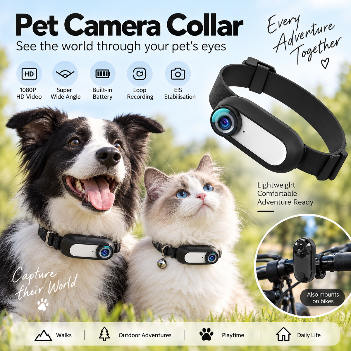 1080P Full HD Pet Camera Collar with Memory Card – Mini Action Camera for Cats & Dogs