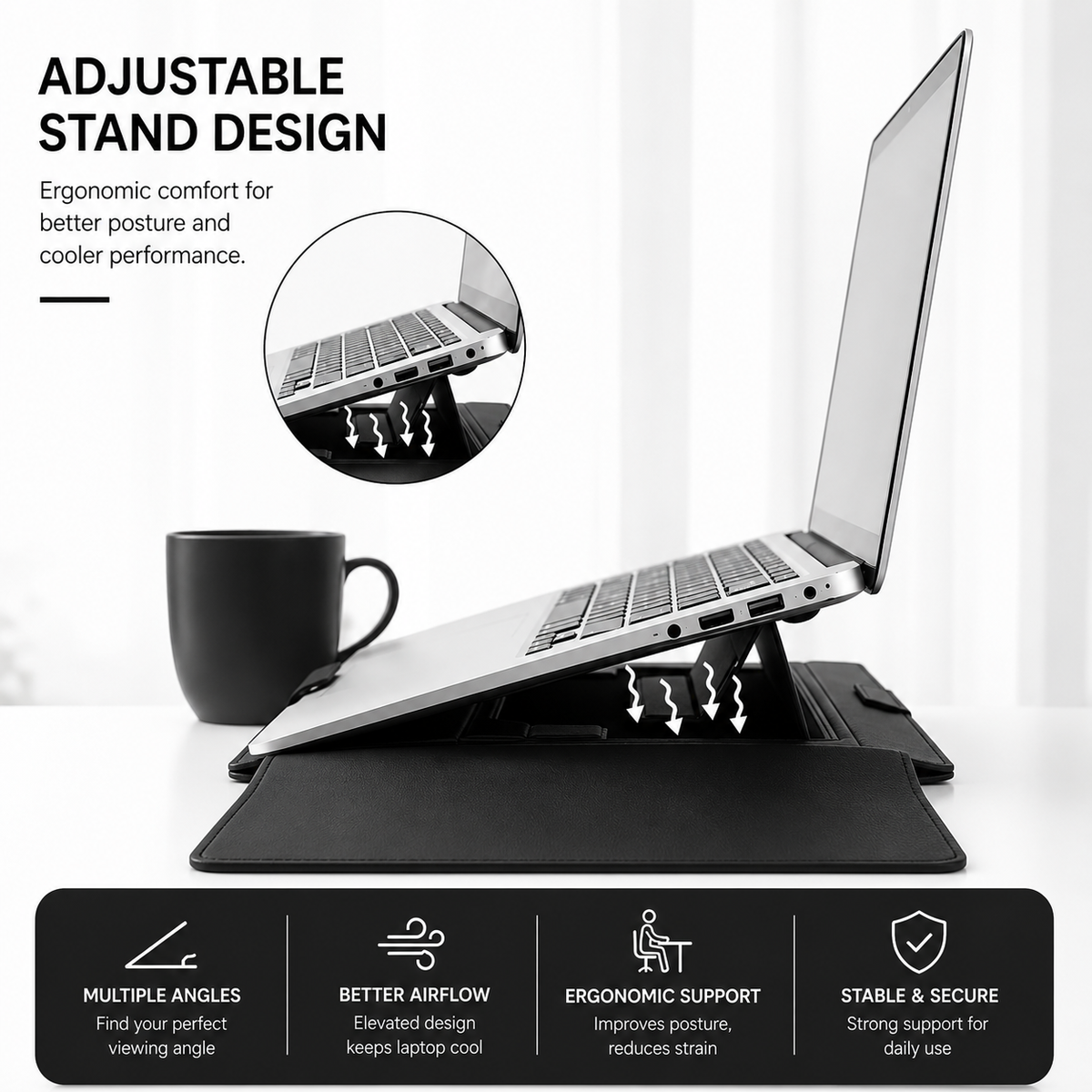 3-in-1 PU Leather Laptop Sleeve Case with Adjustable Stand & Mouse Pad for 13–16 Inch Laptops