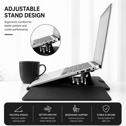 3-in-1 PU Leather Laptop Sleeve Case with Adjustable Stand & Mouse Pad for 13–16 Inch Laptops