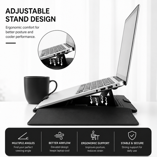 3-in-1 PU Leather Laptop Sleeve Case with Adjustable Stand & Mouse Pad for 13–16 Inch Laptops