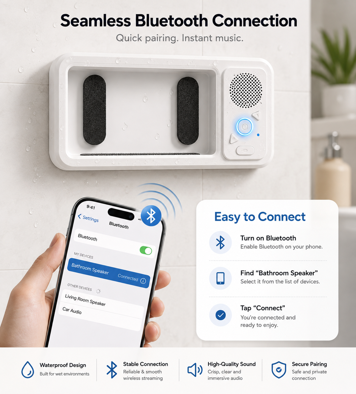 360° Waterproof Shower Phone Holder with Bluetooth Speaker | Anti-Fog & Rotating Mount