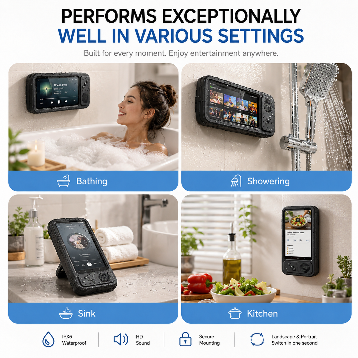 360° Waterproof Shower Phone Holder with Bluetooth Speaker | Anti-Fog & Rotating Mount