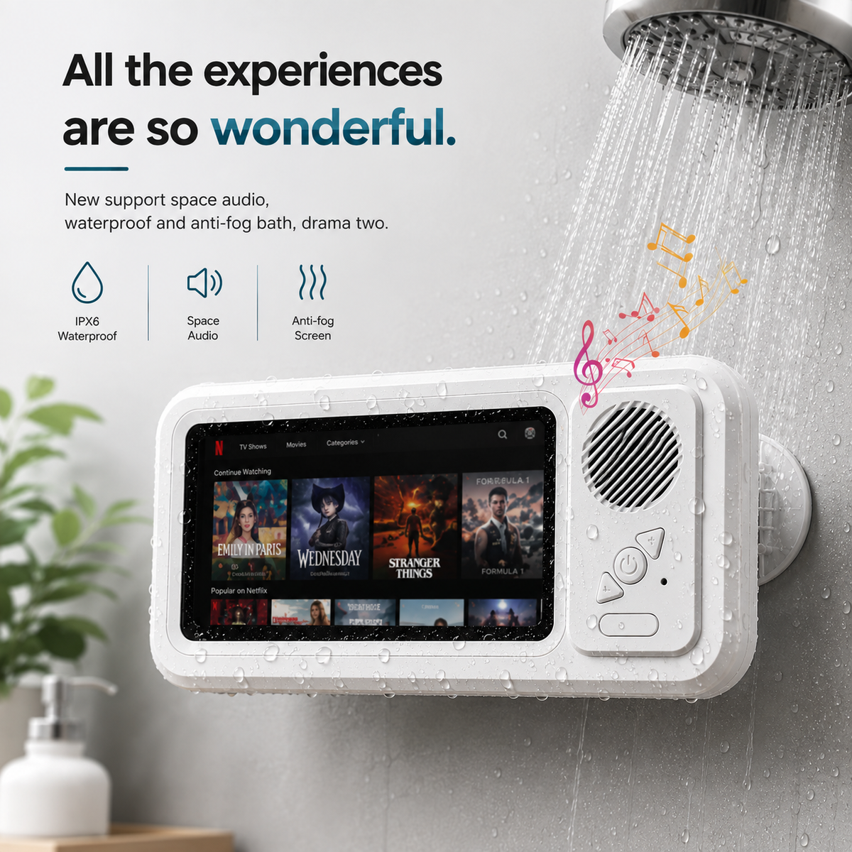 360° Waterproof Shower Phone Holder with Bluetooth Speaker | Anti-Fog & Rotating Mount