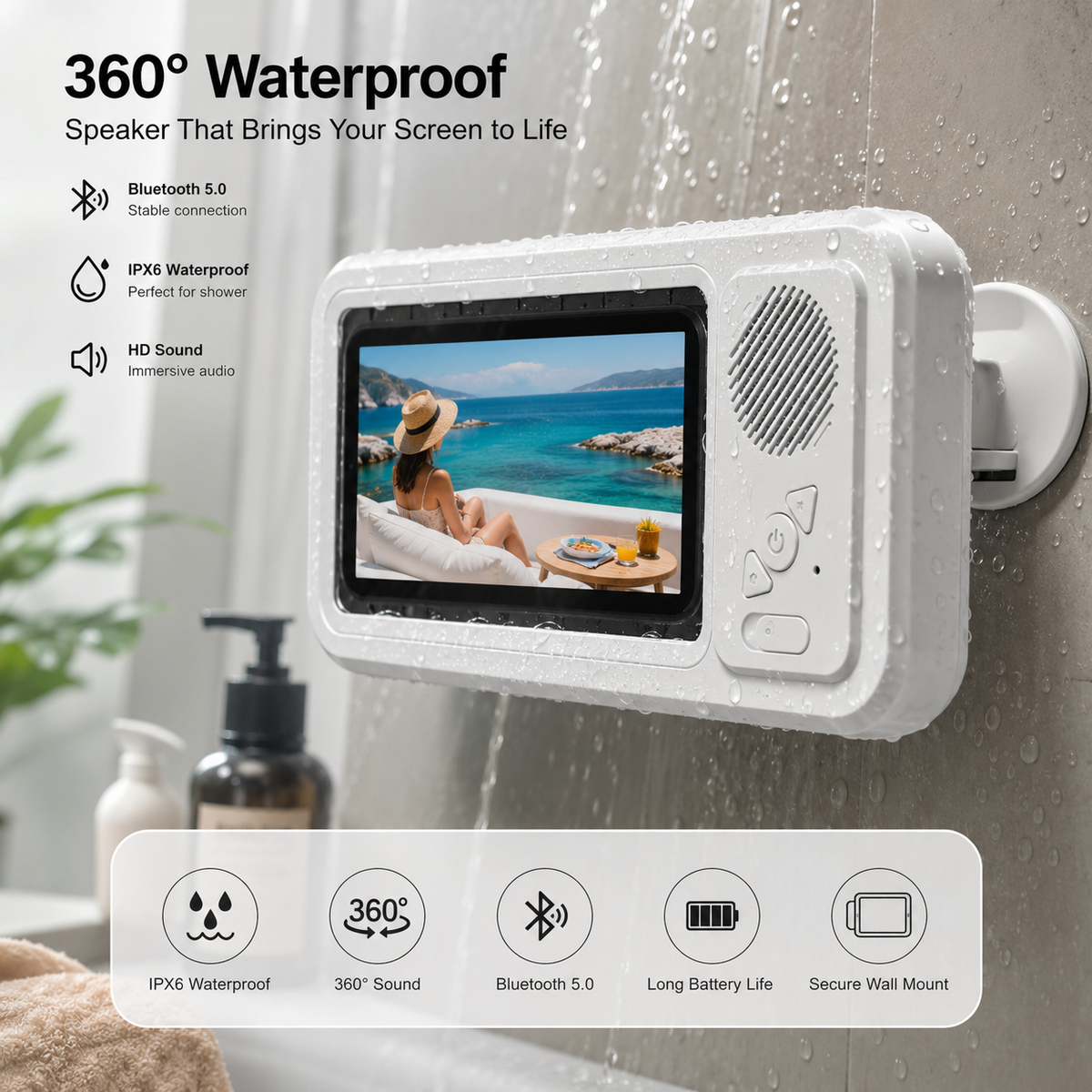 360° Waterproof Shower Phone Holder with Bluetooth Speaker | Anti-Fog & Rotating Mount
