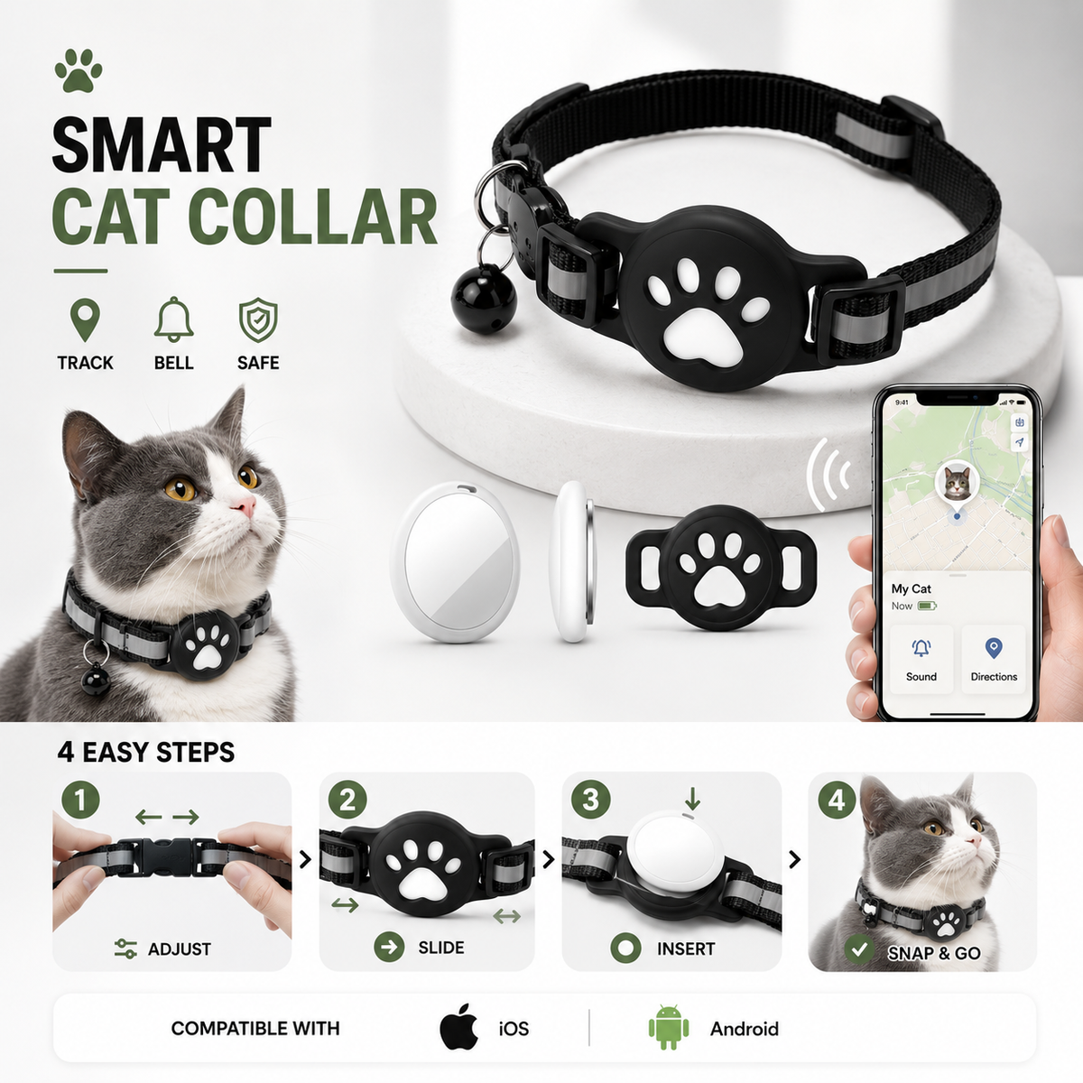 GPS Smart Pet Tracker Collar for Cats & Dogs | Compatible with iOS and Android