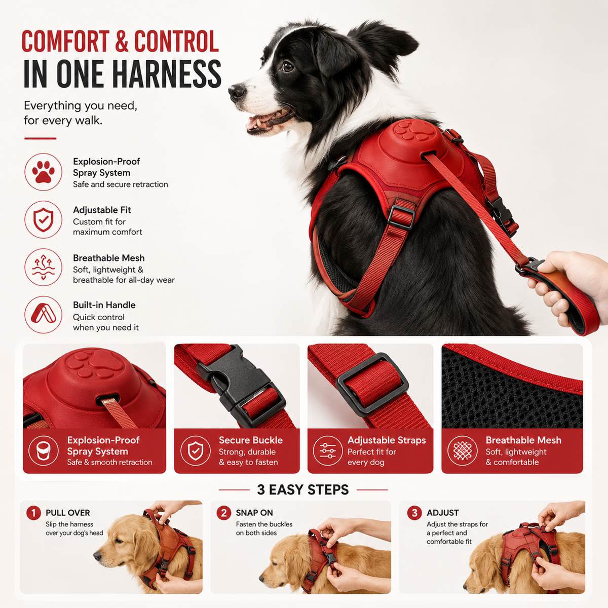2-in-1 Retractable Dog Harness with Built-in Leash | No-Pull Adjustable Pet Harness
