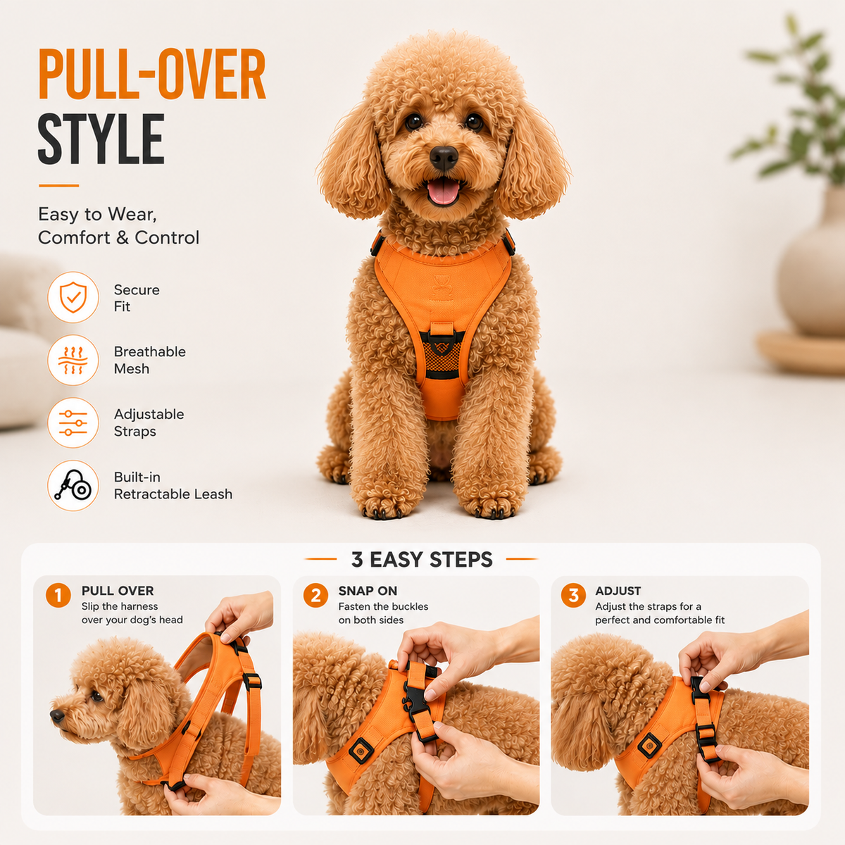 2-in-1 Retractable Dog Harness with Built-in Leash | No-Pull Adjustable Pet Harness