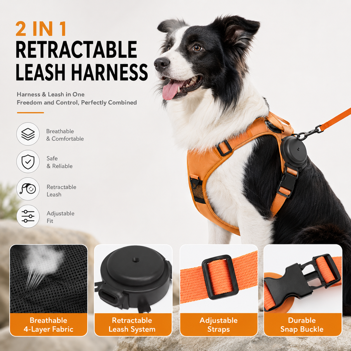 2-in-1 Retractable Dog Harness with Built-in Leash | No-Pull Adjustable Pet Harness