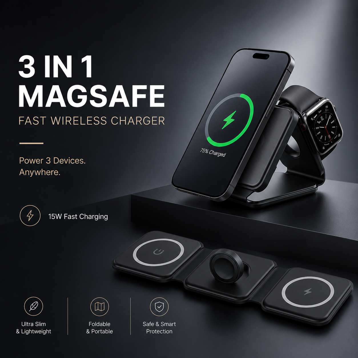 3-in-1 Magnetic Wireless Charging Station for iPhone, Apple Watch & AirPods | Foldable Fast Charging Dock