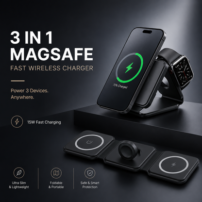 3-in-1 Magnetic Wireless Charging Station for iPhone, Apple Watch & AirPods | Foldable Fast Charging Dock