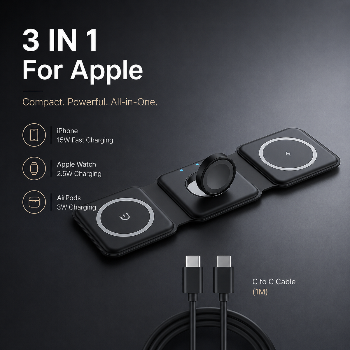 3-in-1 Magnetic Wireless Charging Station for iPhone, Apple Watch & AirPods | Foldable Fast Charging Dock