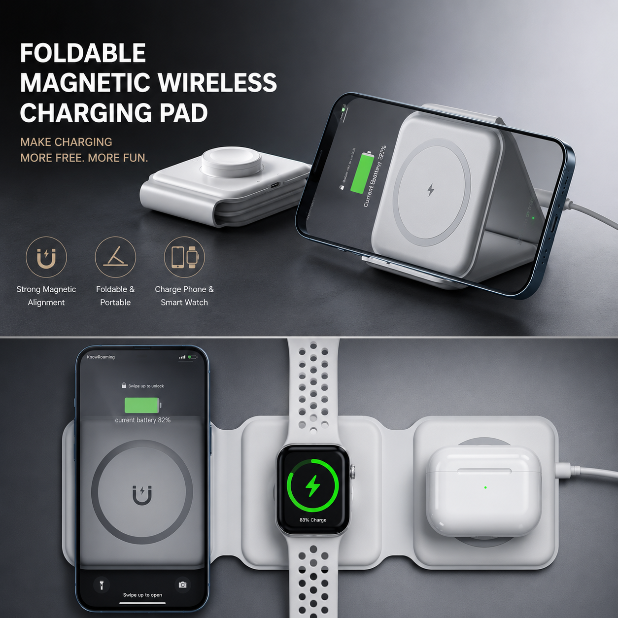 3-in-1 Magnetic Wireless Charging Station for iPhone, Apple Watch & AirPods | Foldable Fast Charging Dock