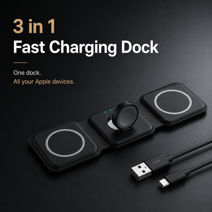 3-in-1 Magnetic Wireless Charging Station for iPhone, Apple Watch & AirPods | Foldable Fast Charging Dock