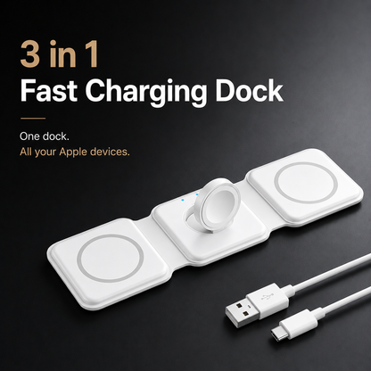 3-in-1 Magnetic Wireless Charging Station for iPhone, Apple Watch & AirPods | Foldable Fast Charging Dock