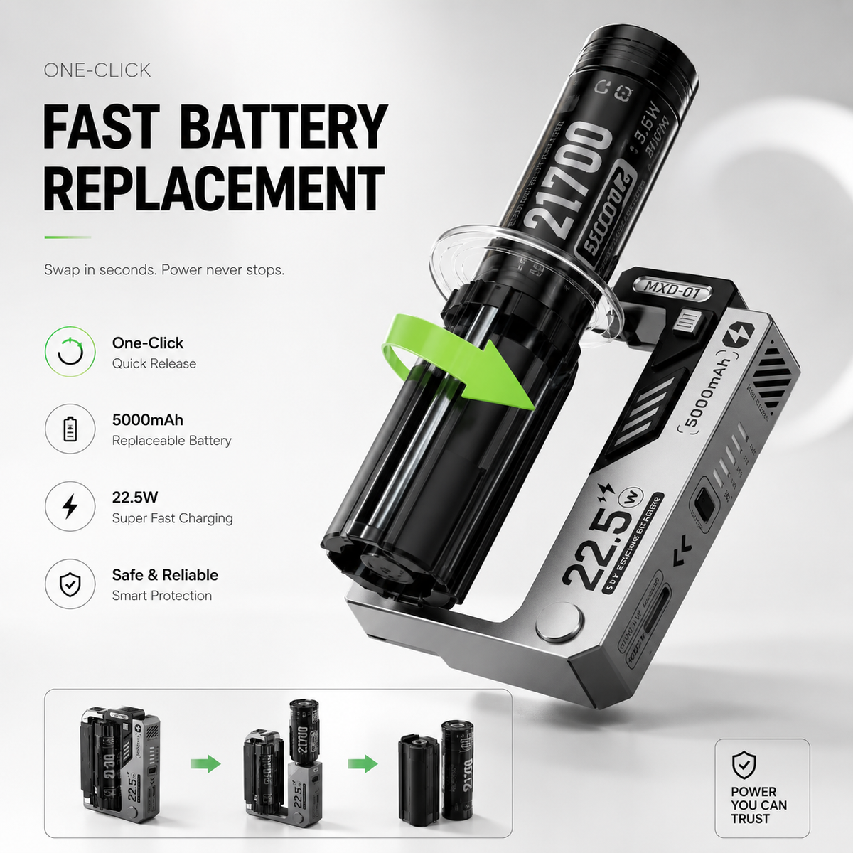 Replaceable Battery Power Bank 20000mAh | 22.5W Fast Charging Portable Charger