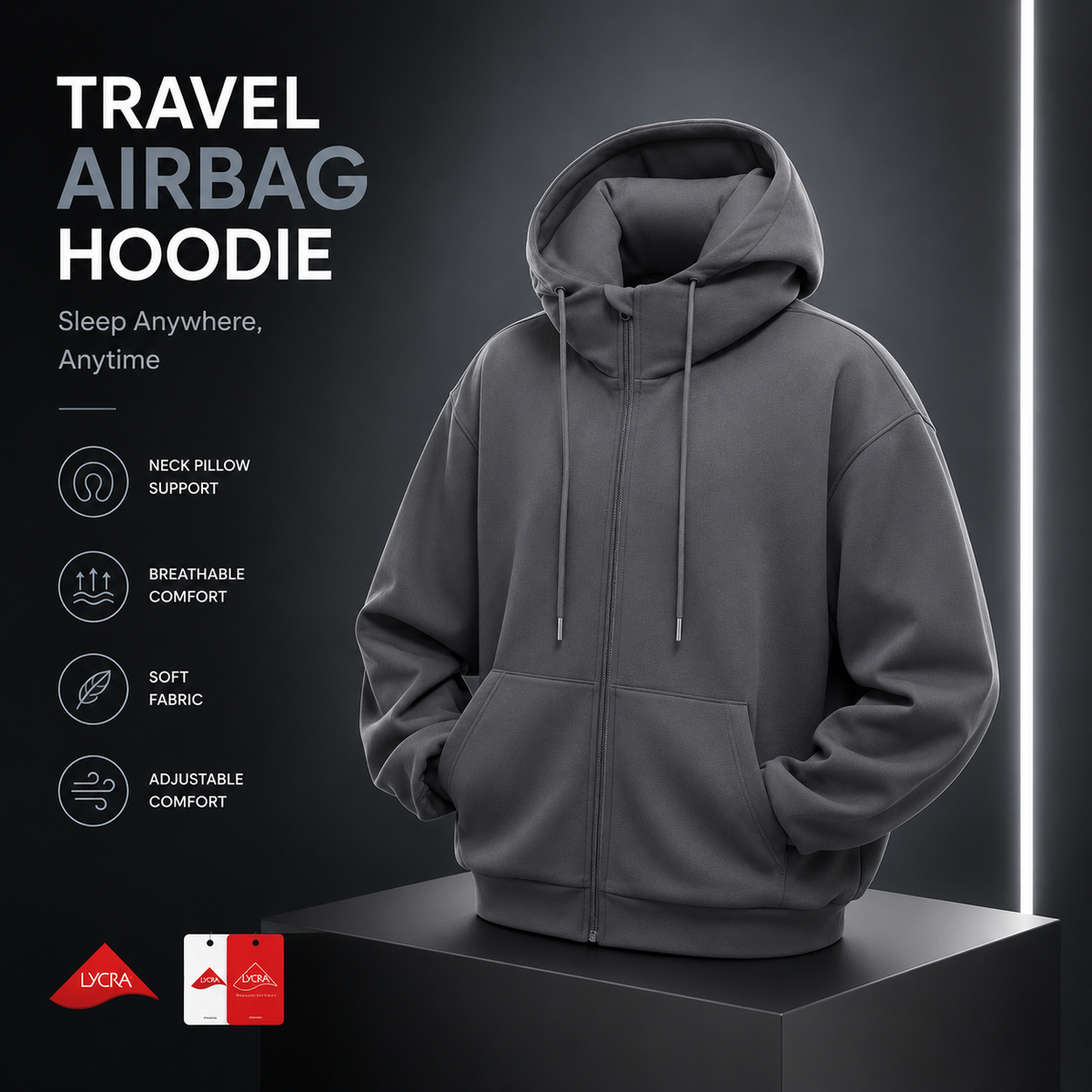 Travel Airbag Hoodie with Built-in Inflatable Neck Pillow – Unisex Zip-Up Fleece Jacket