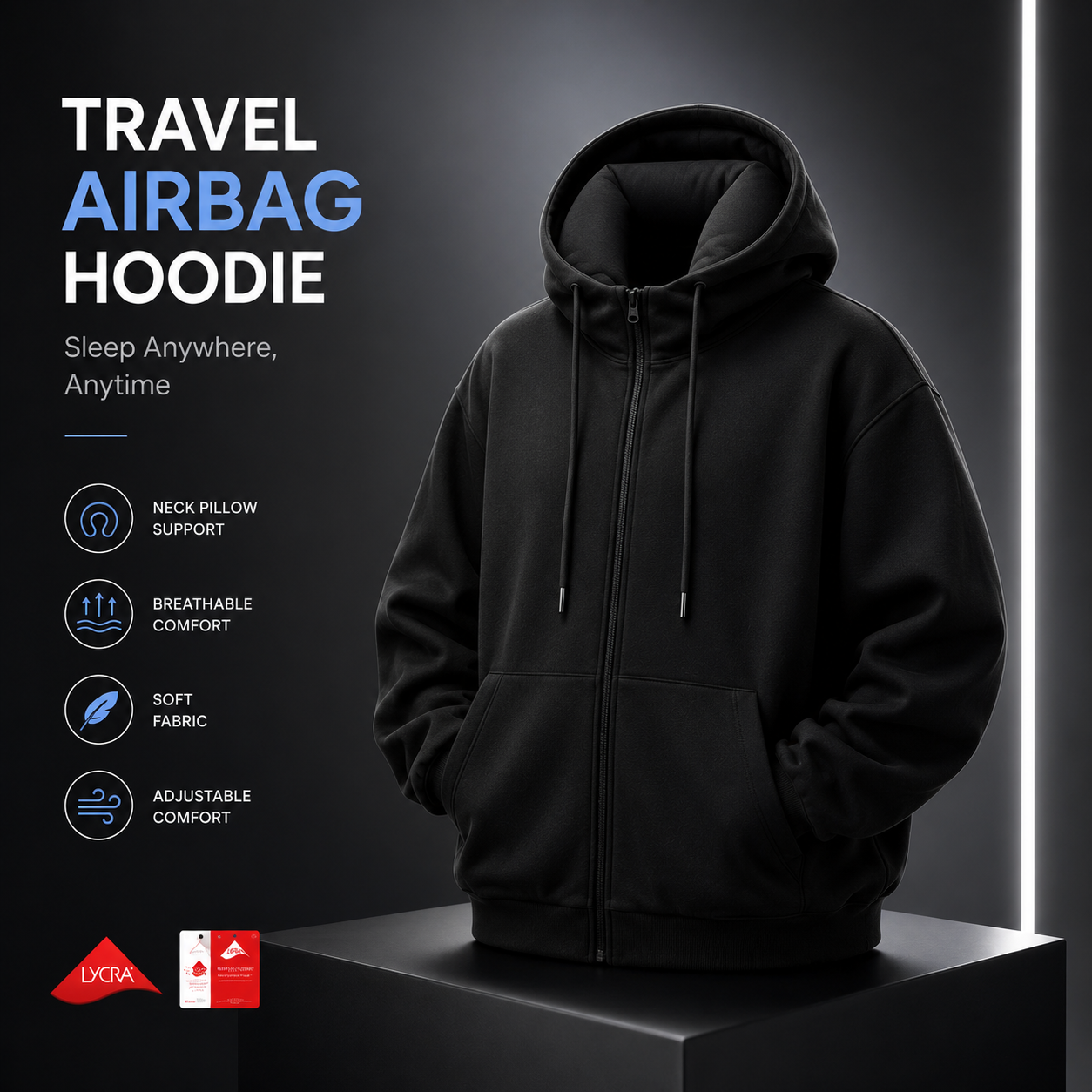 Travel Airbag Hoodie with Built-in Inflatable Neck Pillow – Unisex Zip-Up Fleece Jacket