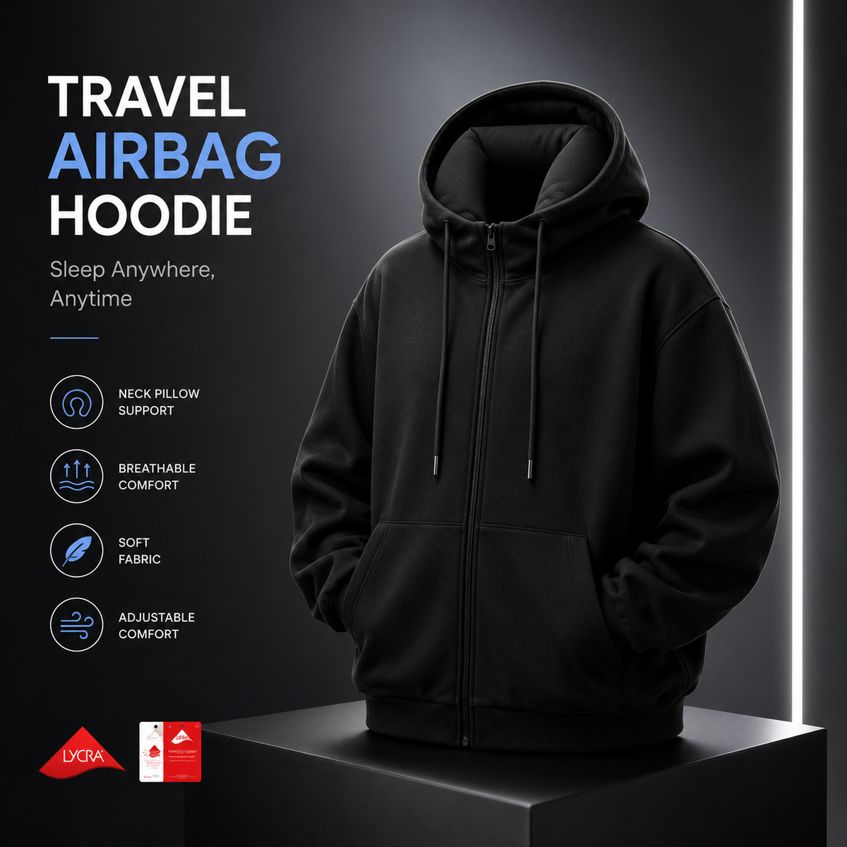 Travel Airbag Hoodie with Built-in Inflatable Neck Pillow – Unisex Zip-Up Fleece Jacket