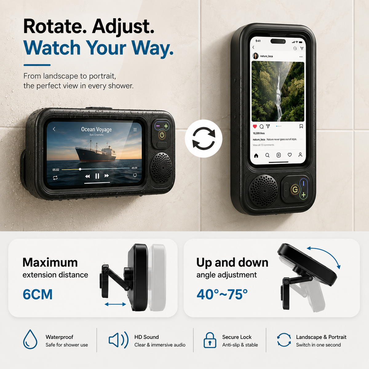 360° Waterproof Shower Phone Holder with Bluetooth Speaker | Anti-Fog & Rotating Mount