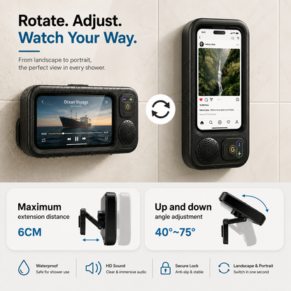 360° Waterproof Shower Phone Holder with Bluetooth Speaker | Anti-Fog & Rotating Mount