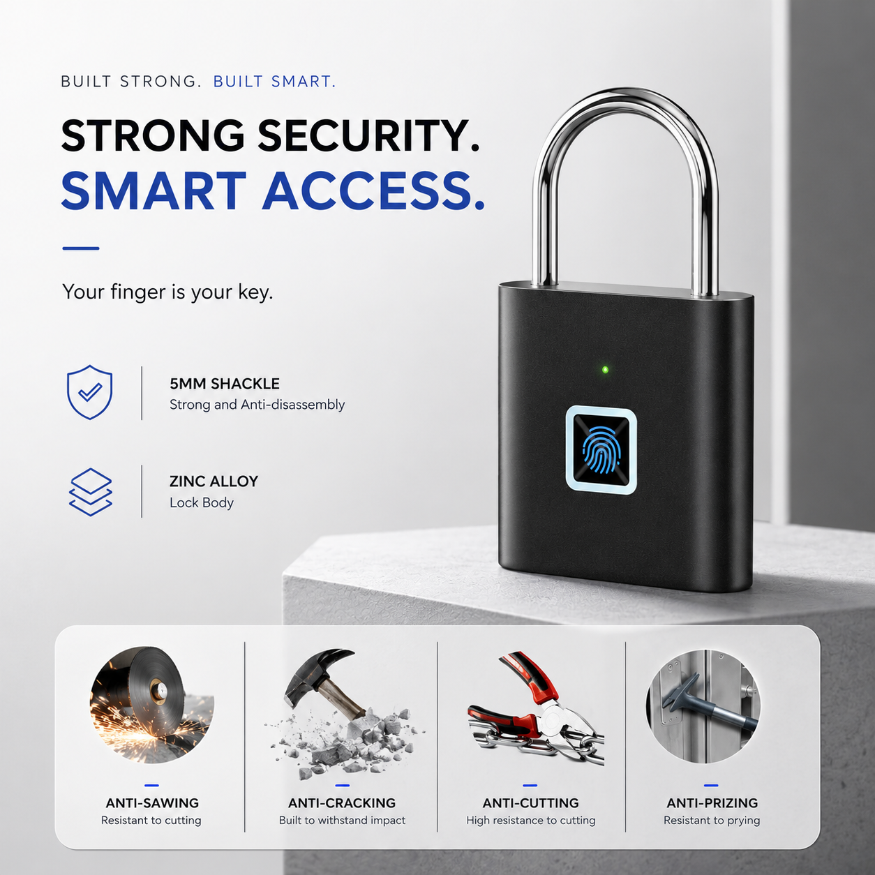 Smart Fingerprint Padlock USB Rechargeable Keyless Waterproof Door Lock