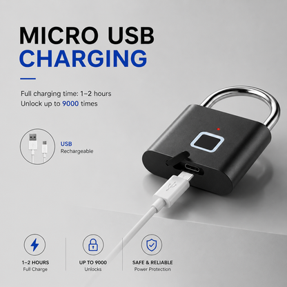 Smart Fingerprint Padlock USB Rechargeable Keyless Waterproof Door Lock