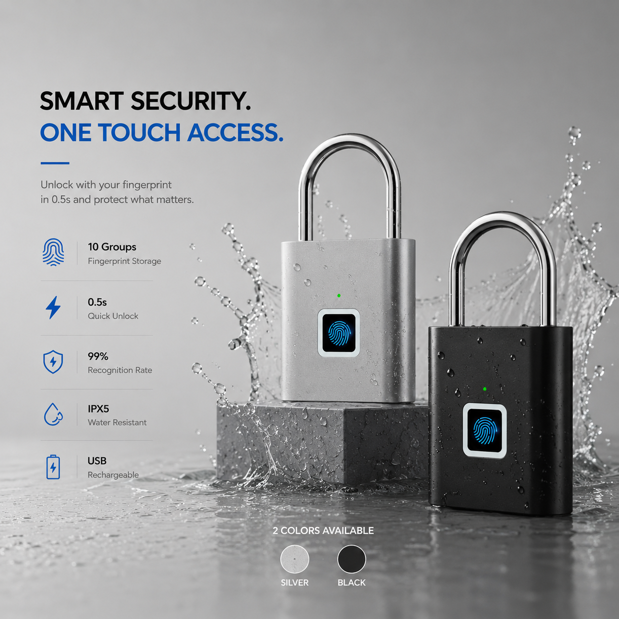 Smart Fingerprint Padlock USB Rechargeable Keyless Waterproof Door Lock