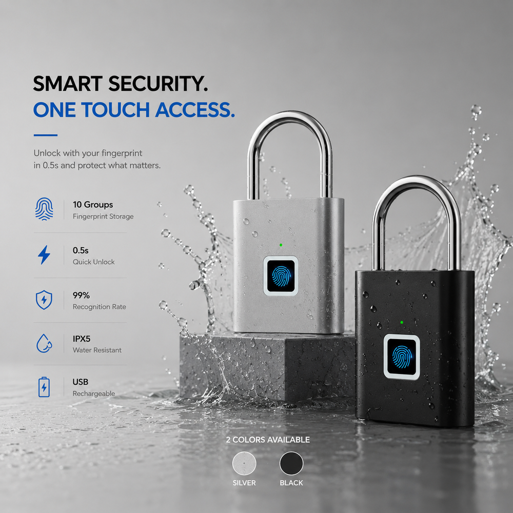 Smart Fingerprint Padlock USB Rechargeable Keyless Waterproof Door Lock