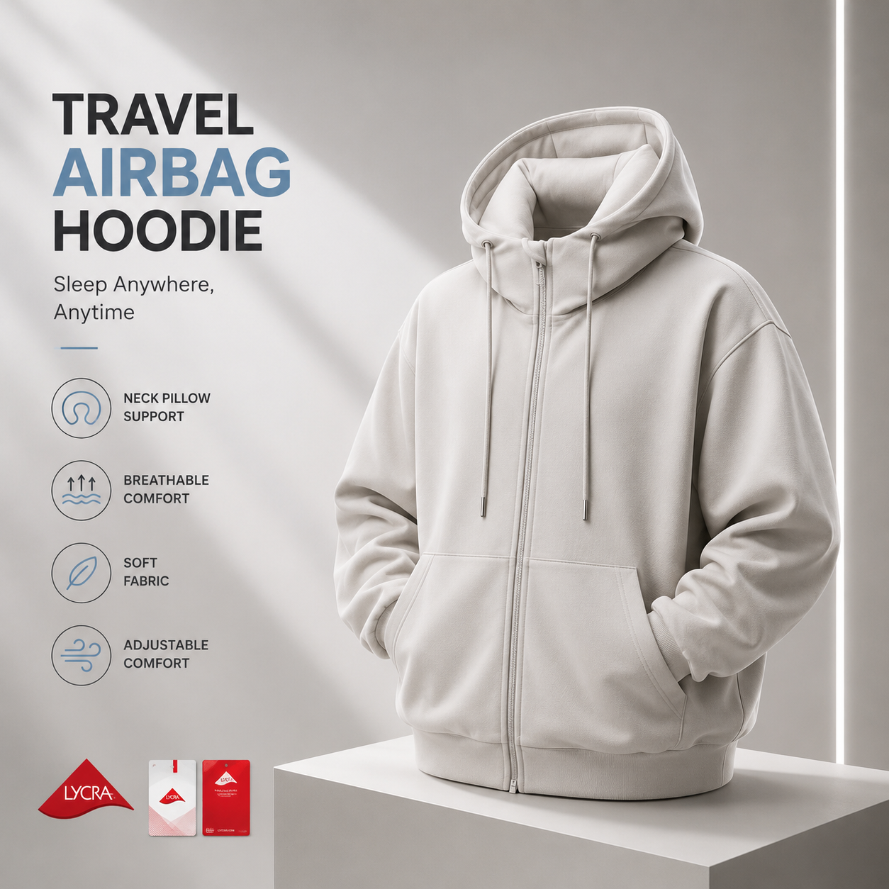 Travel Airbag Hoodie with Built-in Inflatable Neck Pillow – Unisex Zip-Up Fleece Jacket