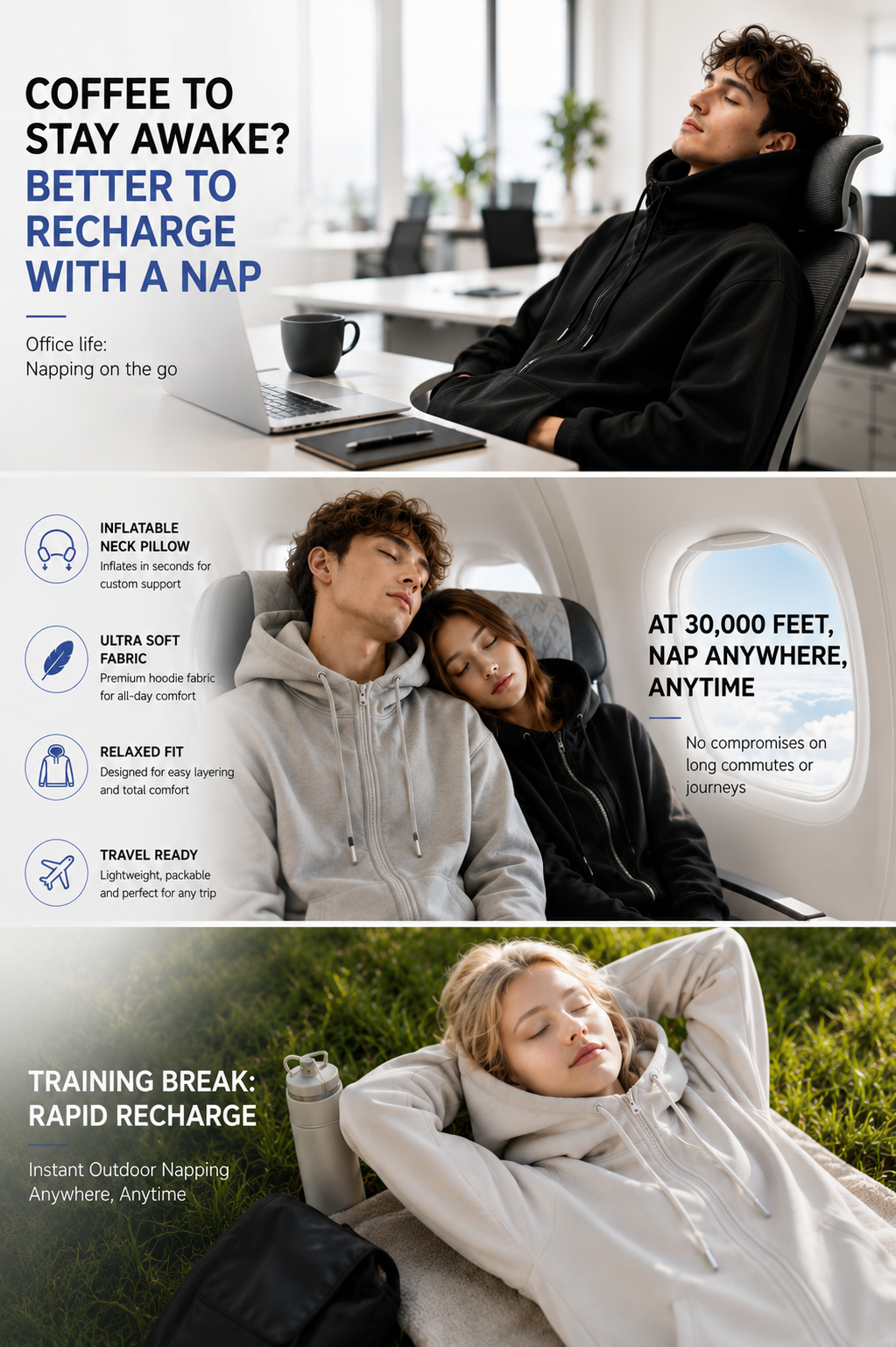 Travel Airbag Hoodie with Built-in Inflatable Neck Pillow – Unisex Zip-Up Fleece Jacket