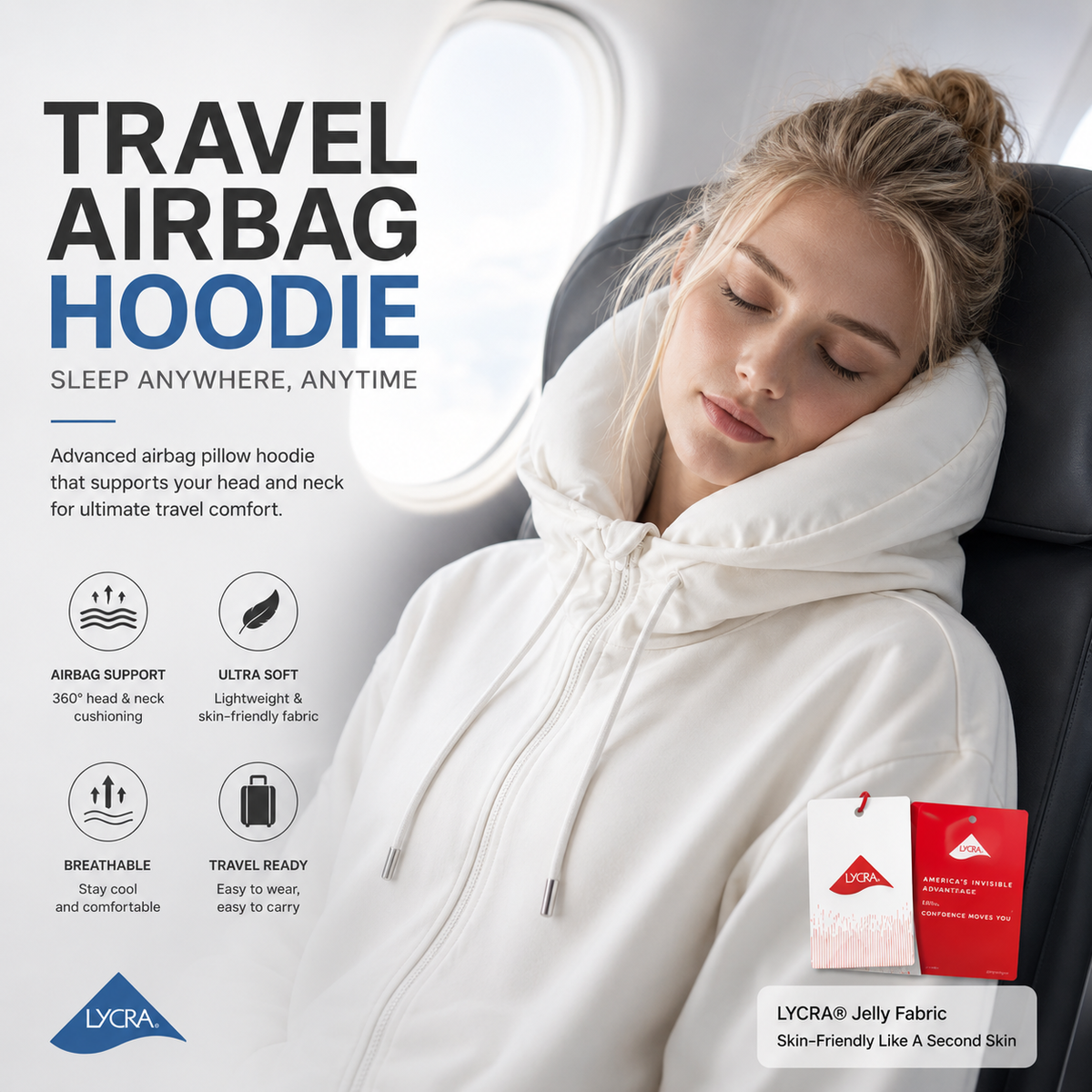 Travel Airbag Hoodie with Built-in Inflatable Neck Pillow – Unisex Zip-Up Fleece Jacket
