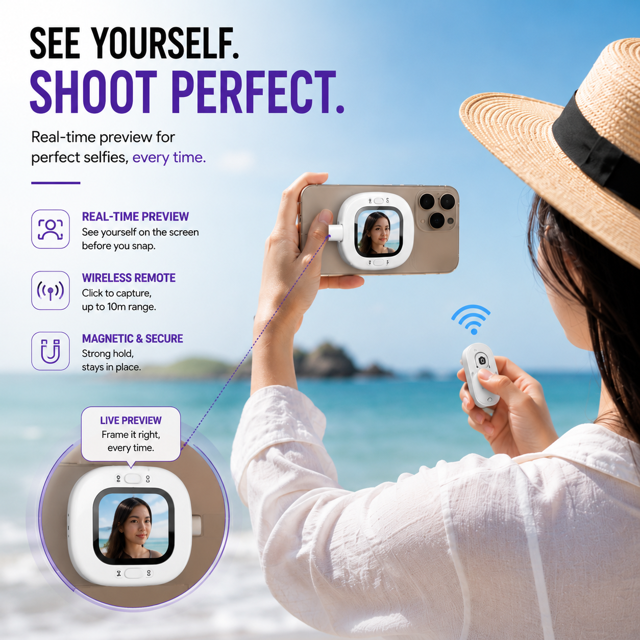 Wireless Magnetic Selfie Monitor for iPhone & Android | Real-Time Back Camera Preview Screen