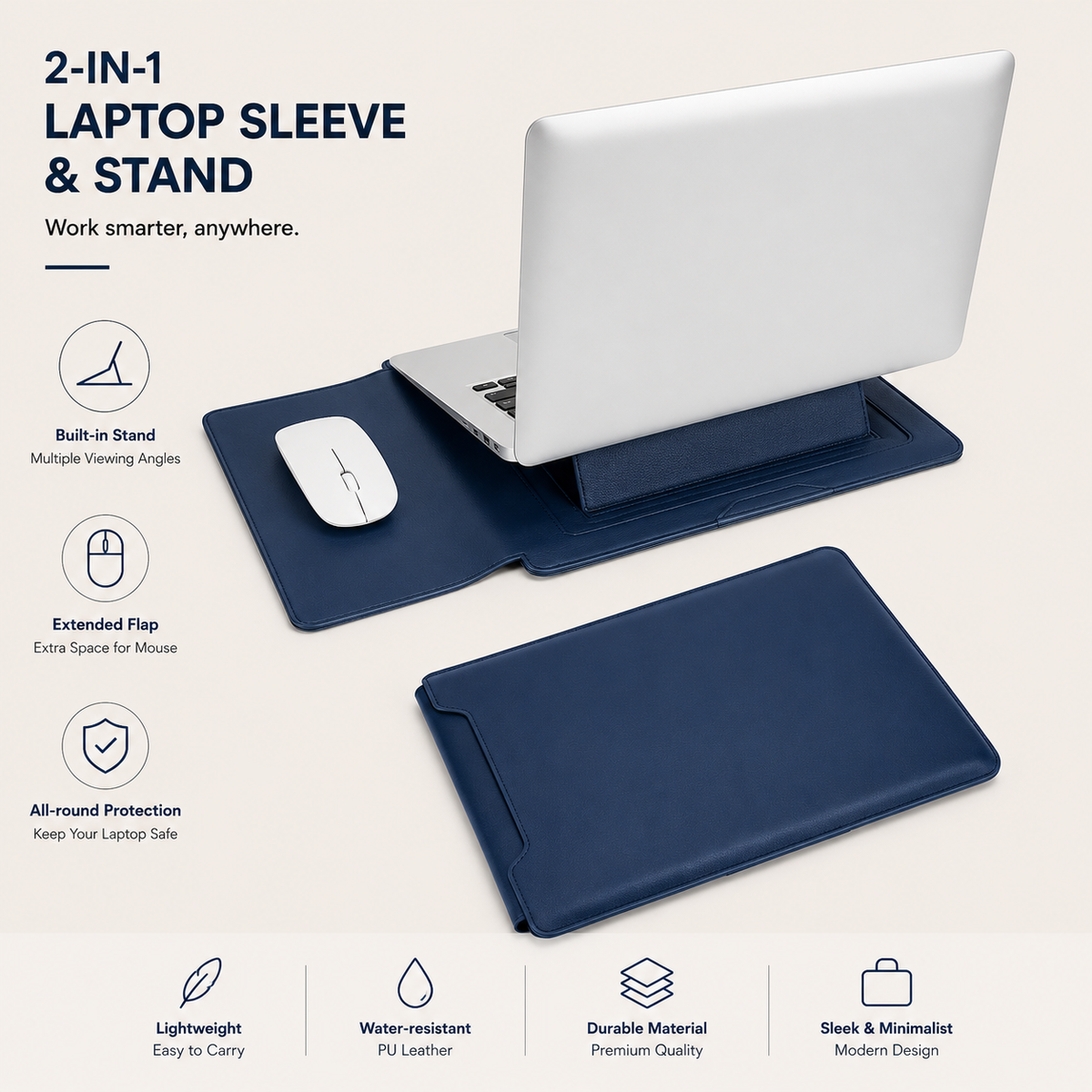 3-in-1 PU Leather Laptop Sleeve Case with Adjustable Stand & Mouse Pad for 13–16 Inch Laptops