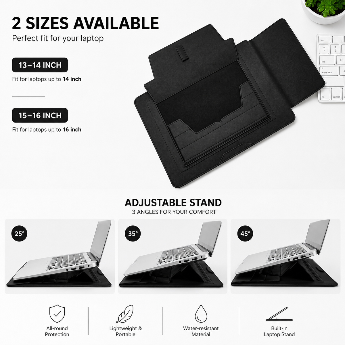 3-in-1 PU Leather Laptop Sleeve Case with Adjustable Stand & Mouse Pad for 13–16 Inch Laptops