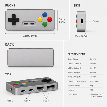 Retro Gamepad 4-in-1 USB Hub | USB-A & USB-C Multiport Adapter for Laptop & PC