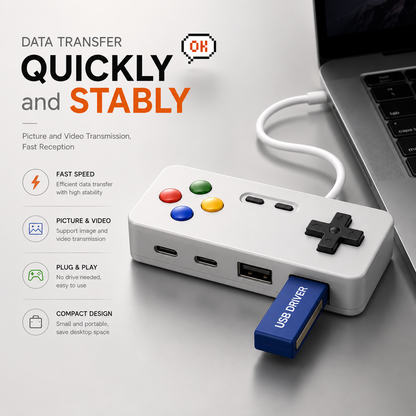 Retro Gamepad 4-in-1 USB Hub | USB-A & USB-C Multiport Adapter for Laptop & PC