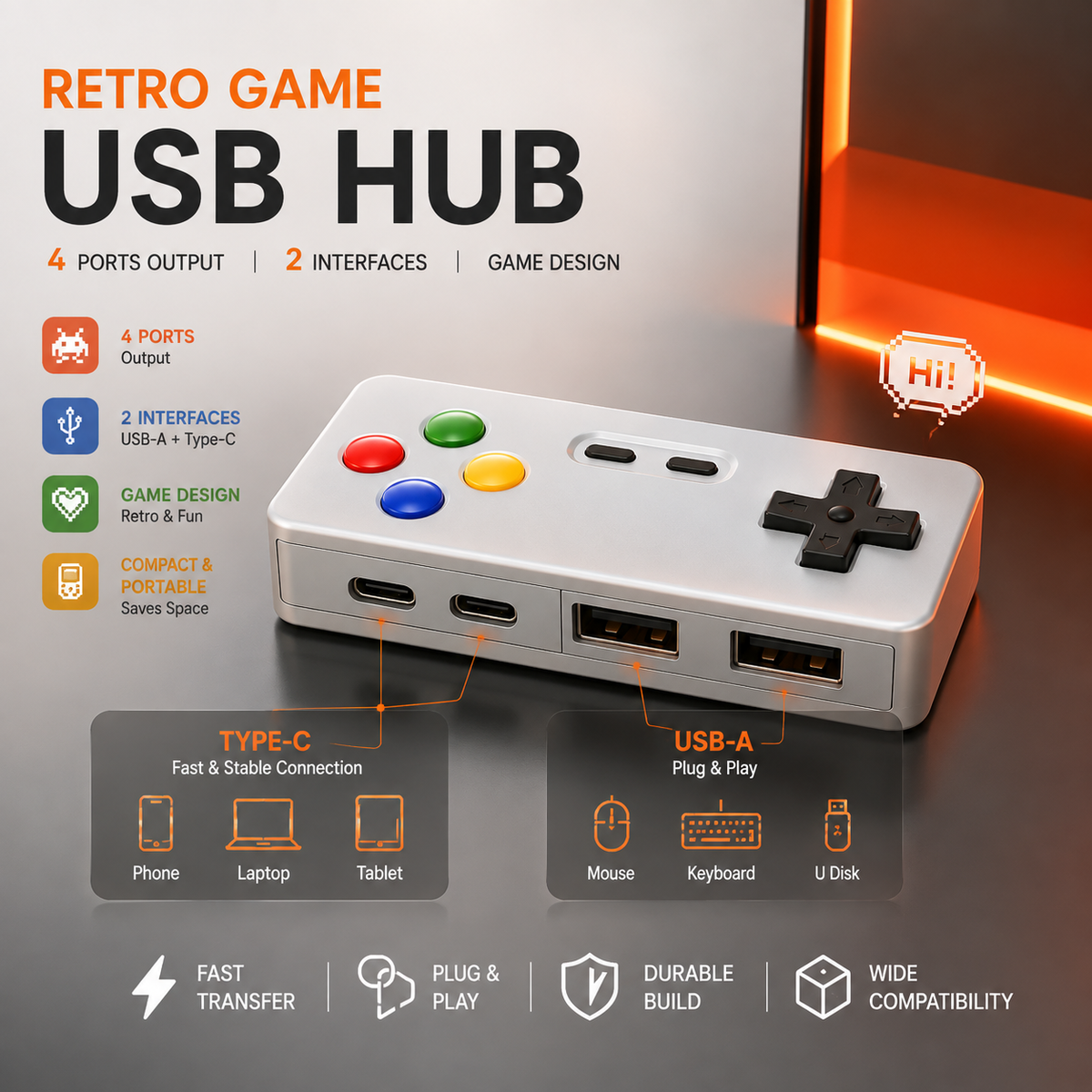 Retro Gamepad 4-in-1 USB Hub | USB-A & USB-C Multiport Adapter for Laptop & PC
